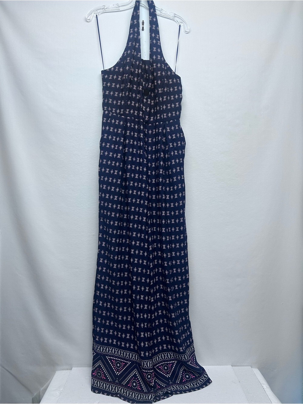 Navy Blue and pink  Patterned Women's Jumpsuit skies are blue large NWT